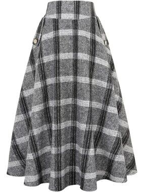 Women's Plaid Grey Fall Winter High Waisted Wool Plaid A-line Long Maxi Skirt